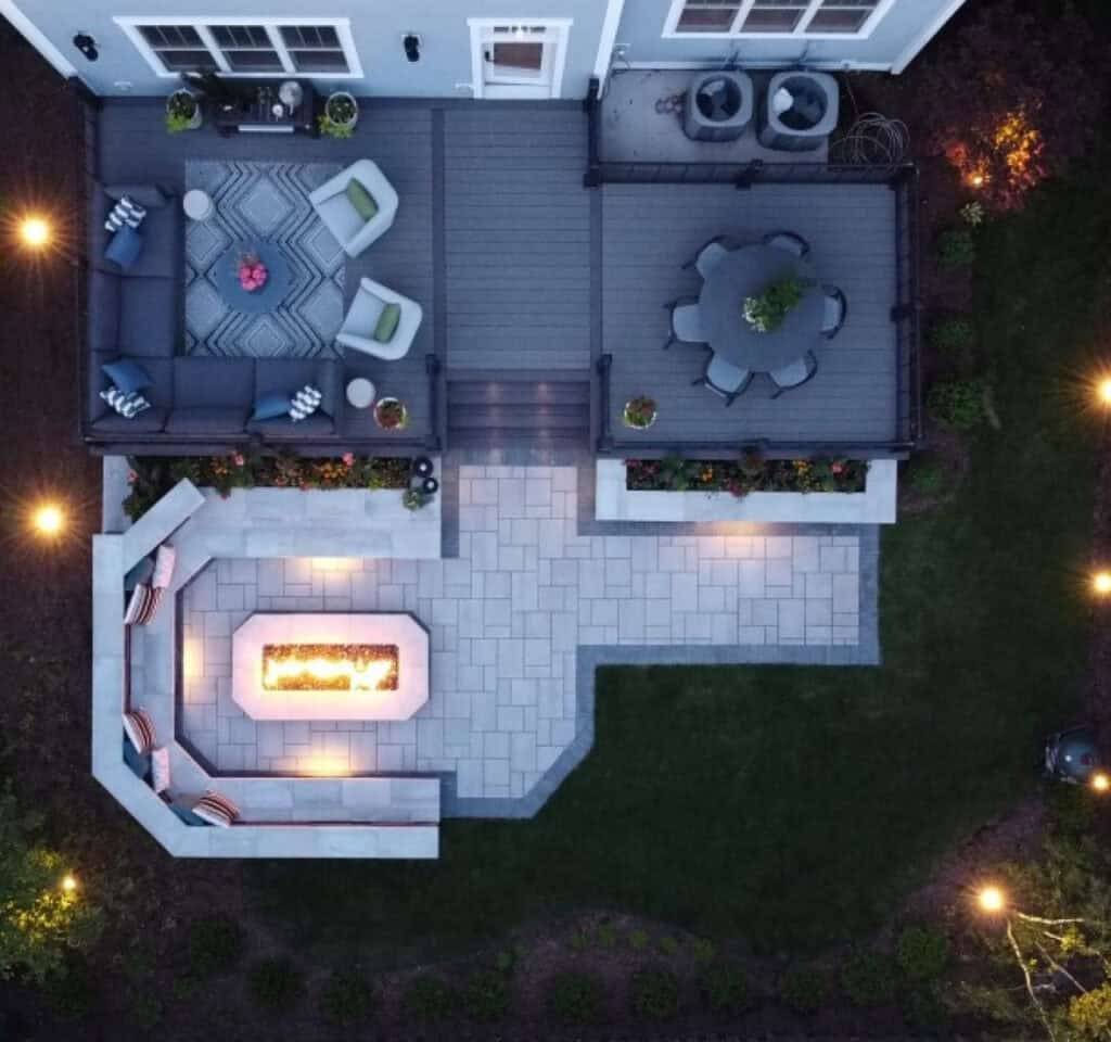 Plan-view design rendering of a deck, patio and fire feature